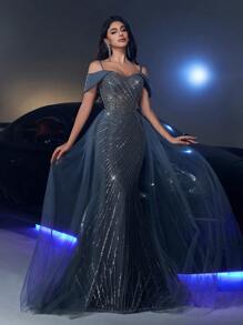 Glamrae 优雅、华丽、奢华的深灰色不对称领口，人造珍珠亮片网眼镶嵌美人鱼尾巴，宽下摆，网眼适合婚礼活动、单身派对、节日舞会、正式场合、晚礼服、婚礼宾客礼服、派对礼服、晚礼服