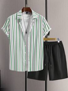 Manfinity Homme 2 件套男士撞色条纹短袖衬衫和纯色短裤套装