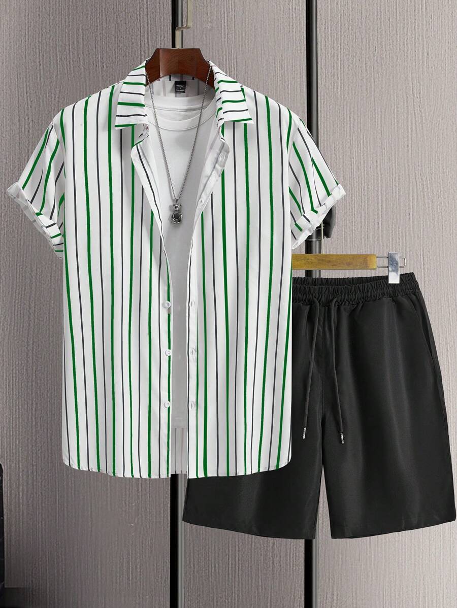 Manfinity Homme 2 件套男士撞色条纹短袖衬衫和纯色短裤套装