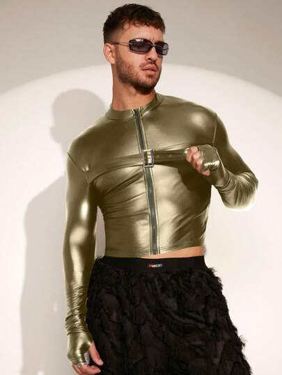 FeverCity Herr enfärgad långärmad PU-läderjacka med dragkedja, höst, för hösten/vintern