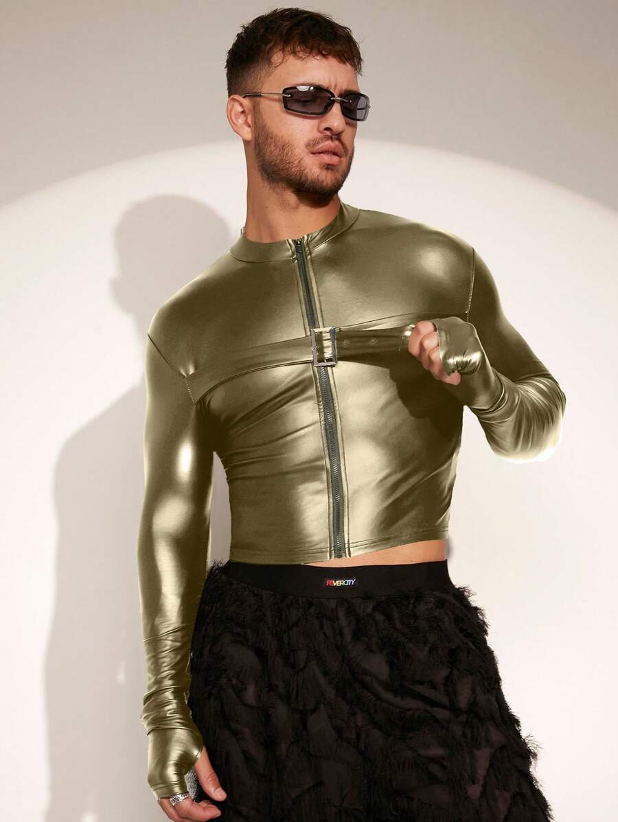 FeverCity Men's Solid Color Long Sleeve PU Leather Zip-Up Jacket, Autumn, For Fall Winter - Army Green - View 1