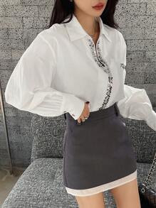 DAZY 女式宽松闪亮亮片拼接长袖口袋休闲学院风衬衫 - 白色 - 查看 8