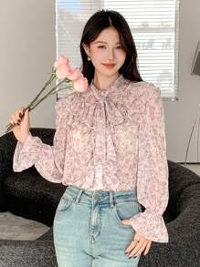 DAZY Blouse à col volant à fleurs ditsy pour femmes, Top à manches longues pour femmes en automne