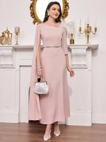 Modelyn 高端优雅长款不对称袖左肩花卉贴花晚礼服