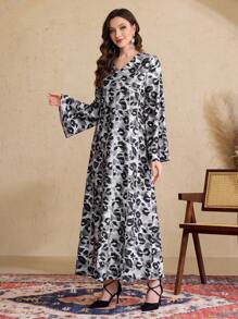 Al Najma Ditsy Floral Loose Long Sleeve Breathable Slim Dress, Spring 2025 New Arrival - Black and White - View 5