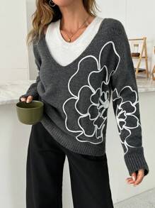 EURMUSE Elegant Charcoal Gray Two-Piece Set With Artistic Ivory Floral Embroidery And Matching White Inner Sweater - Layering - Grey - View 4