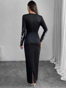 Modelyn 女士圆领紧身花卉贴花优雅长袖连衣裙长款晚礼服 - 黑色 - 查看 2