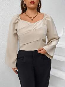 SHEIN Privé 女士加大码舒适休闲优雅办公装裹身长袖衬衫，秋冬 - 卡其色 - 查看 2