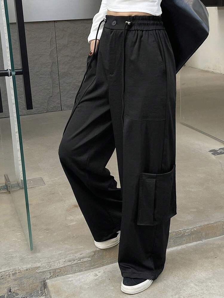Solid Color Loose Pocket Wide Leg Pants With Elastic Waist And Drawstring For Women