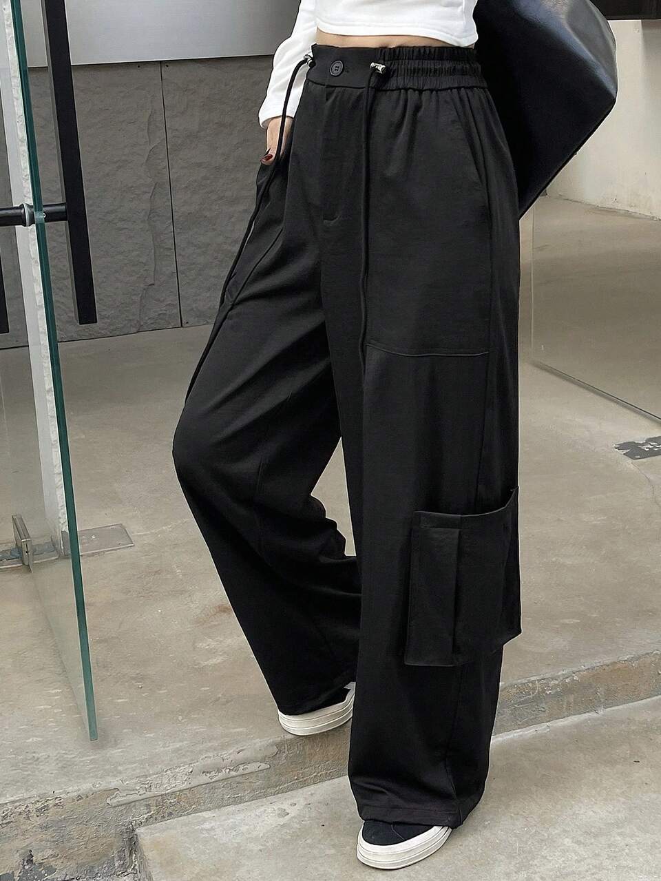 Solid Color Loose Pocket Wide Leg Pants With Elastic Waist And Drawstring For Women