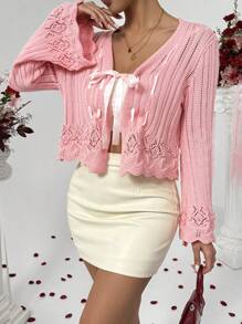 Chiquease Pink Lace-Up Hollow Hem Loose Cardigan, Spring - Pink - View 5
