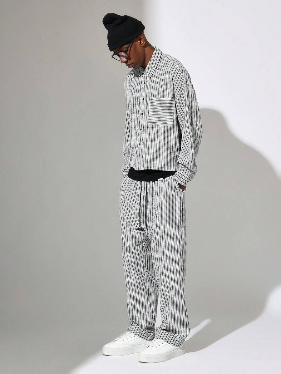 SUMWON Crop Fit Checkered Long Sleeve Shirt And Loose Fit Pants 2 Piece Set - Black and White - View 1