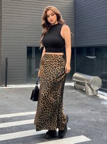 SHEIN EZwear Plus Size Leopard Print Fishtail Skirt, Casual & Fashionable For Everyday Wear