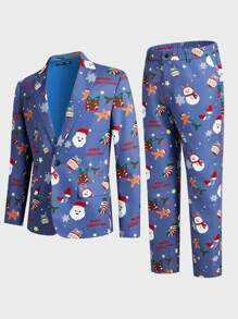 Manfinity VCAY Men's Woven Fashionable Casual Loose Long Sleeve Christmas Pattern Open Front Jacket - Blue - View 1