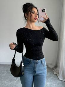 Chiquease Casual Versatile Solid Color Black Slim Fit Sequin Ruched Long Sleeve Knit Top For Women, Autumn/Winter