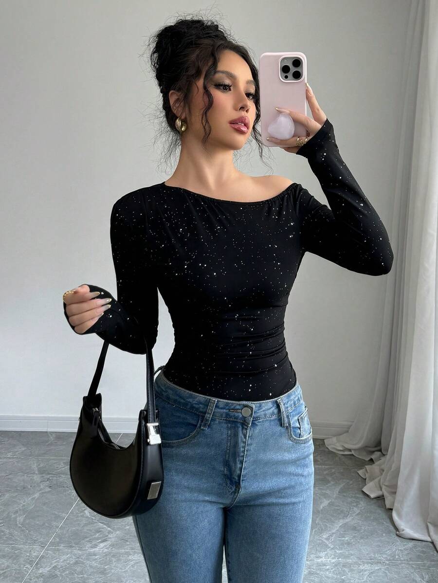 Chiquease Casual Versatile Solid Color Black Slim Fit Sequin Ruched Long Sleeve Knit Top For Women, Autumn/Winter