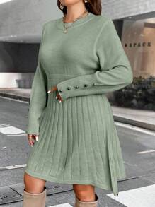 Celure Plus Size Women Elegant Solid Color Umbrella Hem Sweater Dress, For Autumn For New Year Clothes - Green - View 5