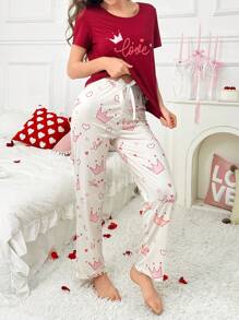 Letter Crown & Cartoon Print Short Sleeve Shorts Women Pajama Set - Burgundy - View 3