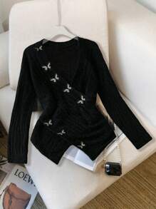 Celure Plus Size Solid V-Neck Butterfly Knit Waist-Cinched Asymmetrical Hem Women Sweater, For Winter