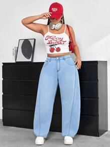 SHEIN ICON 高腰斜口袋寬腿牛仔褲+ - 淺色水洗藍 - 查看 4