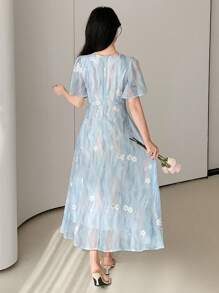 DAZY Women Floral Applique Tie-Dye Ruffle Collar Short Sleeve Elegant Midi Dress Easter - Blue - View 5
