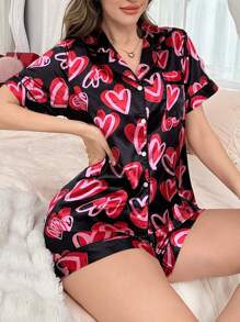 SHEIN Conjunto de pijama para mujer con estampado de corazones en estilo Ins, ideal para el Día de San Valentín - Multicolor - Ver 3