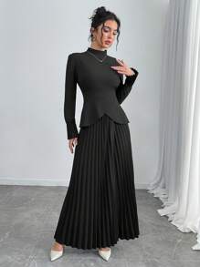 Chiquease Set de 2 piezas de top de manga larga y falda de unicolor para mujer