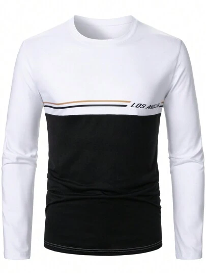 Manfinity Homme Men's Business Commuting Everyday Match Black And White Color-Blocked Long Sleeve Round Neck Golf T-Shirt With Front Chest "Los Angeles" Lettering, Black And Gold Color Scheme, And Striped Positioning Print. Fall And Winter Men T-Shirt