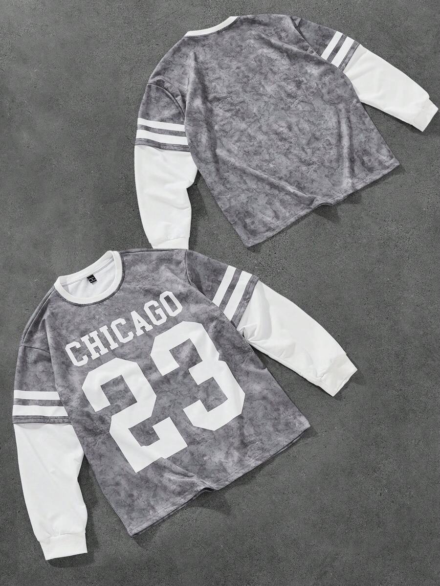 Aesthetic Post 男士运动学院 INS 超大“23”迷彩印花二合一套头运动衫。适合日常穿着、网球运动衫、图案运动衫、秋冬季男士运动衫