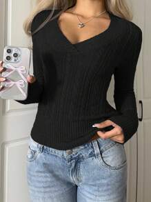 SHEIN EZwear 女式纯色 V 领粗针织长袖休闲毛衣，秋冬 - 黑色 - 查看 3