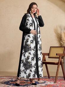 Al Najma Saudi Arabia Style Colorblock Patchwork Loose Dress, Printed Long Robe Dress For Formal Wear Abayas - Black - View 3