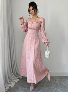 Modelyn 女士方领荷叶边灯笼袖纽扣装饰优雅长裙 - 粉色 - 查看 6
