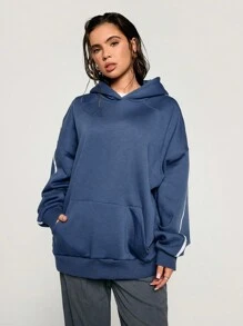 Athîral Women Casual Blue Minimalist Contrast Stripes Side Raglan Sleeve Kangaroo Pocket Hoodie, Spring And Autumn - Blue - View 1