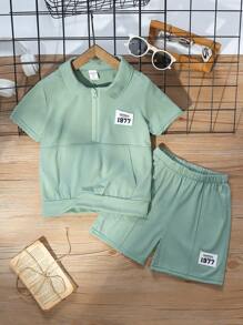 SHEIN 2pcs/Set Young Boy Casual Sports Stylish Cute Polo Shirt + Shorts, Suitable For Daily Wear, School, Outings, Sports, Spring/Summer, Provides Multiple Outfit Options, Simple Yet Fashionable Design, Comfortable And Stylish For Young Boys - Dark Green - View 7