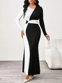 SHEIN Lady 秋冬优雅工装黑白针织圆领鱼尾长袖连衣裙 - 黑色 - 查看 5