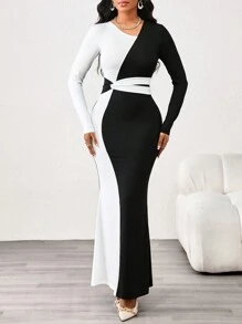 SHEIN Lady 秋冬优雅工装黑白针织圆领鱼尾长袖连衣裙 - 黑色 - 查看 6