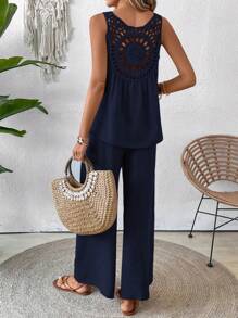 Breezaya 2pcs/Set Women Solid Color Sleeveless Crew Neck Top And Long Pants - Blue - View 6