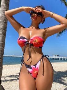 夏季 2 件套女士印花抹胸和系带侧褶比基尼泳装套装 - 紅色 - 查看 3