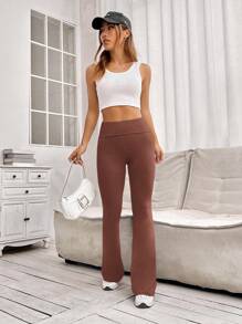 SHEIN EZwear 女士纯色喇叭紧身裤 折叠紧身裤 弹力喇叭裤 瑜伽裤 Y2k 慢跑裤 - 棕色 - 查看 7