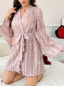 Women's Solid Color Cutout Tassel Trim Flare Sleeve Robe - Pink - View 4