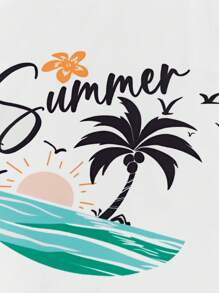 SHEIN 3pcs/Set Tween Boy Vacation Palm Tree Graphic Swimsuit, Swim Trunks & Hat - White - View 11