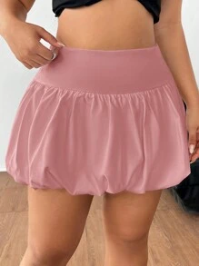 CovetEZ Plus Size Women High Waist Short Ruched Skirt - Pink - View 3