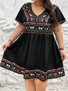 SHEIN CURVE+ Plus Size Black Mexican Print V-Neck Spring And Summer Women's Dress Boho Vacation,Beach Dress Sundress,Holiday Outfits - Black - View 7