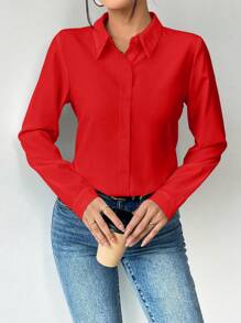 Elenzga 女士长袖纯色衬衫，休闲时尚，适合日常穿着