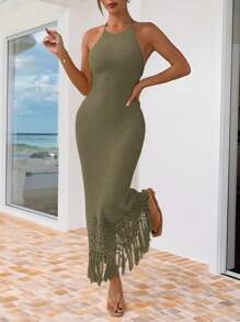 SHEIN Essnce 女士休闲度假纯色拼布流苏下摆露背系带连衣裙