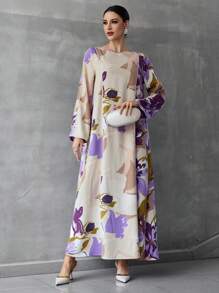 Al Najma 女士土耳其长袍和阿拉伯花卉印花长裙、卡夫坦长袍和贾拉比亚长裙，端庄大方 - 彩色 - 查看 5