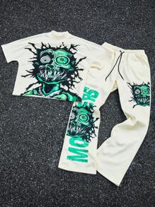 PAVTROS 男士青春街头INS热卖绿色大眼人物超大图案字母双面印花宽松长裤短袖立领T恤套装。男士两件套服装，说唱歌手服装 - 彩色 - 查看 3