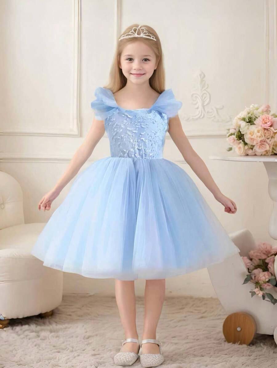 年轻女孩优雅盖袖网眼覆盖连衣裙，夏季 - 藍色 - 查看 1