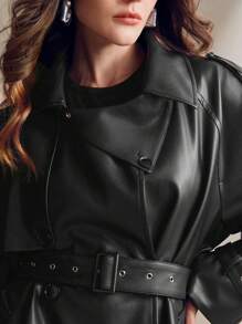 SHEIN X Lucía Bellido Anewsta Damen Angoramantel in Rot mit Knopfleiste, elegant moderner Stil für Frühling und Herbst - Schwarz - Übersicht 2