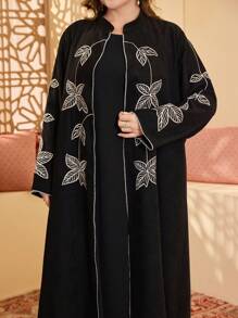 Al Najma Plus Size Women Elegant Embroidered Stand Collar Arab Abaya, Fashion, Autumn/Spring, Modest Robe